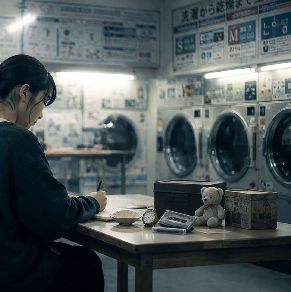 Hana in the laundromat, a moodboard frame from The Laundry